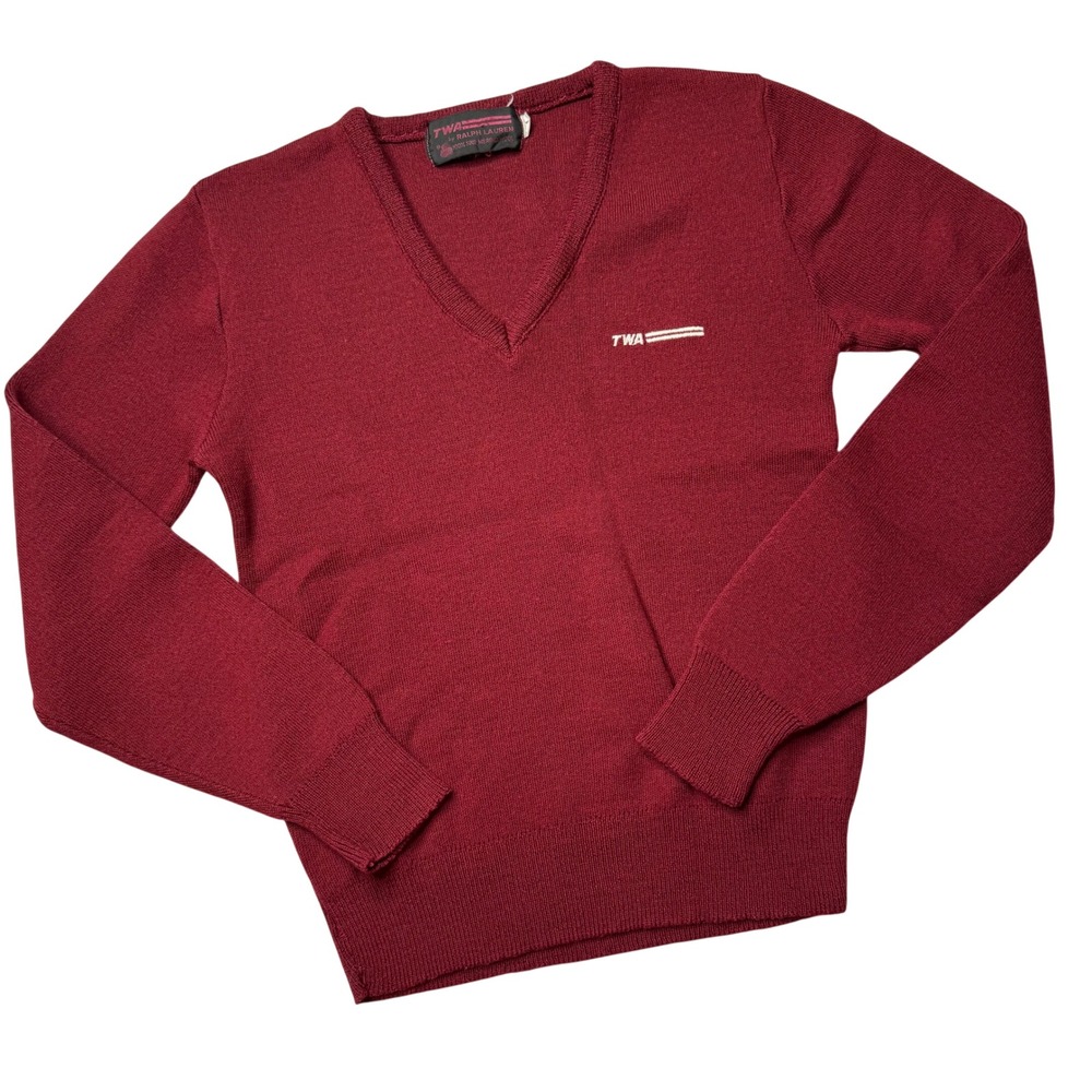 Vintage TWA Ralph Lauren Merino Wool Sweater Burgundy Airline Uniform Halloween